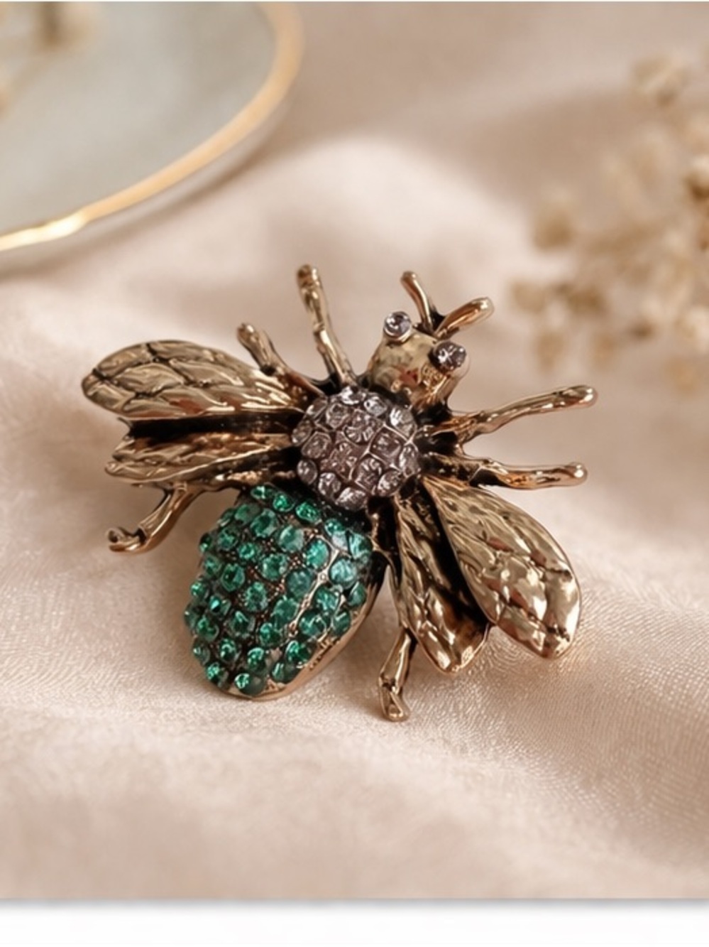 Gold Bee Brooch with Green Crystal Accents